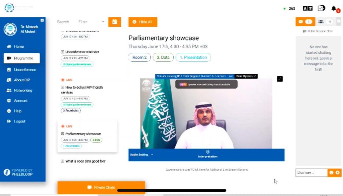 عضو #مجلس_الشورى د.متعب المطيري يشارك في أعمال المؤتمر العالمي2021للبرلمان الإلكتروني الذي ينظمه الاتحاد البرلماني الدولي-عبر الاتصال المرئي-والذي يجري بهدف استعراض تجارب البرلمانات في التحول الرقمي،وعرض تجاربها في مواجهة كورونا وما قامت به المجالس من جهود لضمان استمرار أعمالها.