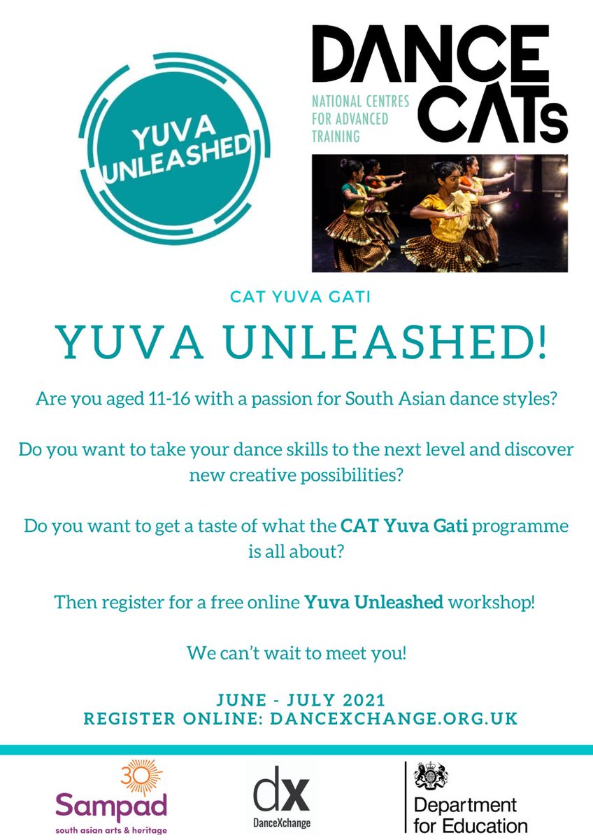 FREE YUVA UNLEASHED WORKSHOP
Are you aged 11-16 with a passion for South Asian dance styles? 

Join a FREE ONLINE workshop to get a taste of <a href="/dancexchange/">DanceXchange</a>'s CAT Yuva Gati programme and see what it's all about!

Register for your FREE workshop now: buff.ly/3zhmIcN