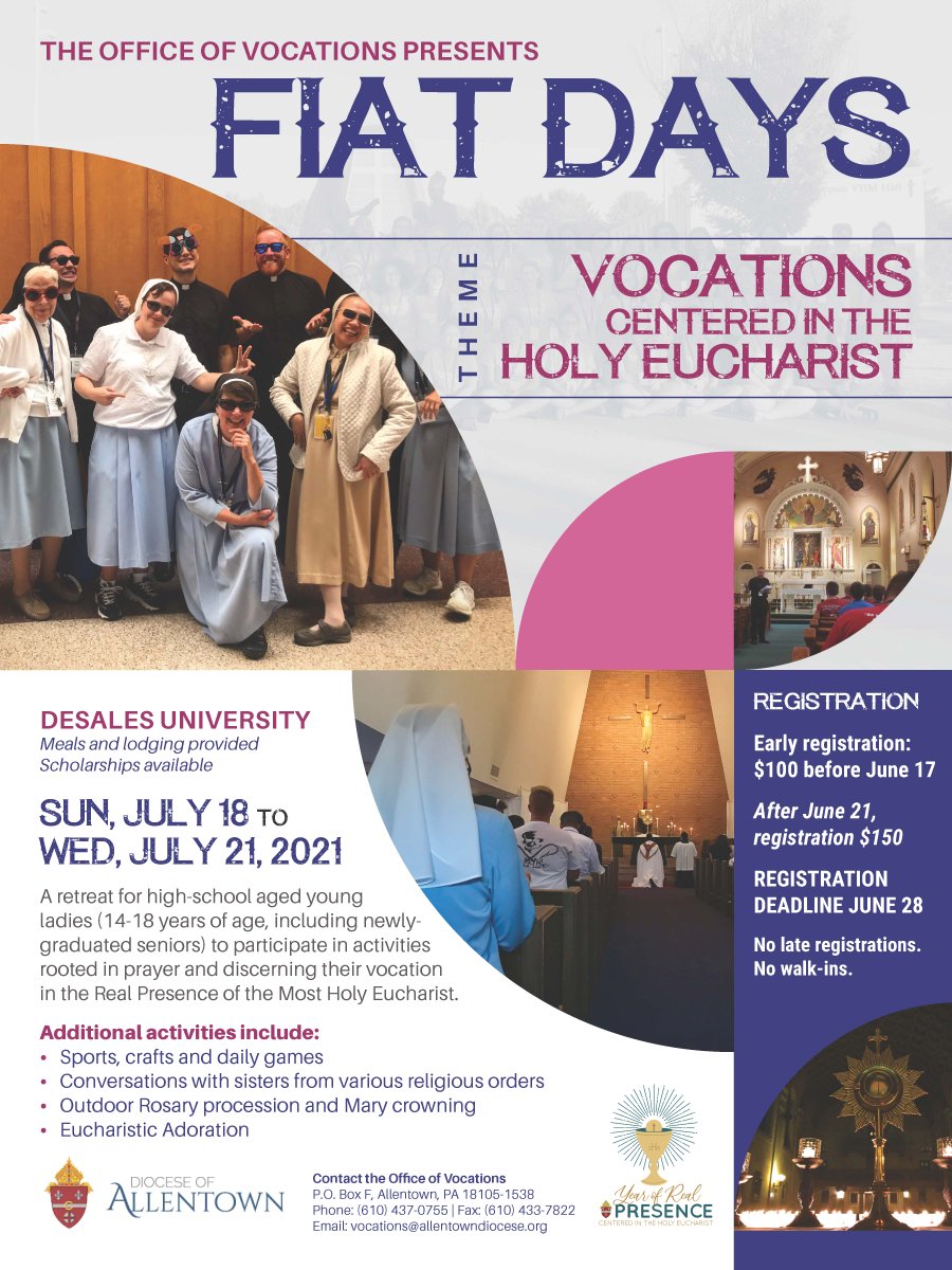 AtownDioceseEDU's tweet photo. We invite you to join the seminarians of the @AllentownDioces  and sisters from various women’s religious communities at the 2021 Quo Vadis or Fiat Days at @DeSales this July!  Register by June 28th!  https://t.co/gYXHQtj09h https://t.co/UY92XoksuZ