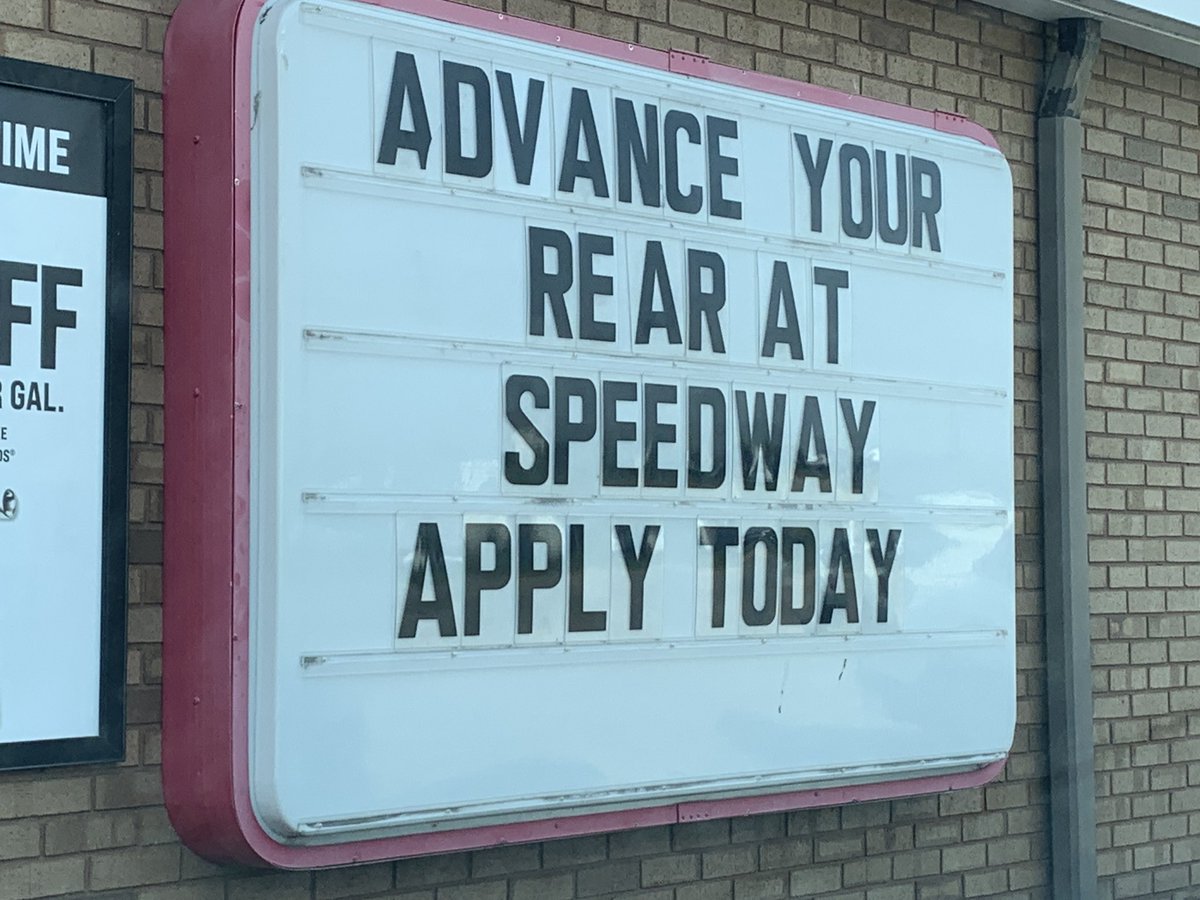 itisntyou's tweet photo. Hiring at its best. Improve your a$$ at @Speedwaystores - love it. #hiring #nowhiring #job #Career https://t.co/5JZHQIdisP