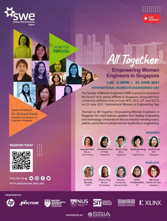 Society of Women Engineers Singapore (SWE@SG) will launch 🚀 on International Women in Engineering Day, 23 June @ 1-3:30 PM SST! All Together with its 4 university affiliates SWE@NTU, SWE@SIT, SWE@SUTD, SWE@NUS! 👉🏼Register to attend the live webinar at singapore.swe.org/swesg-launch.h…💡👩‍🔧