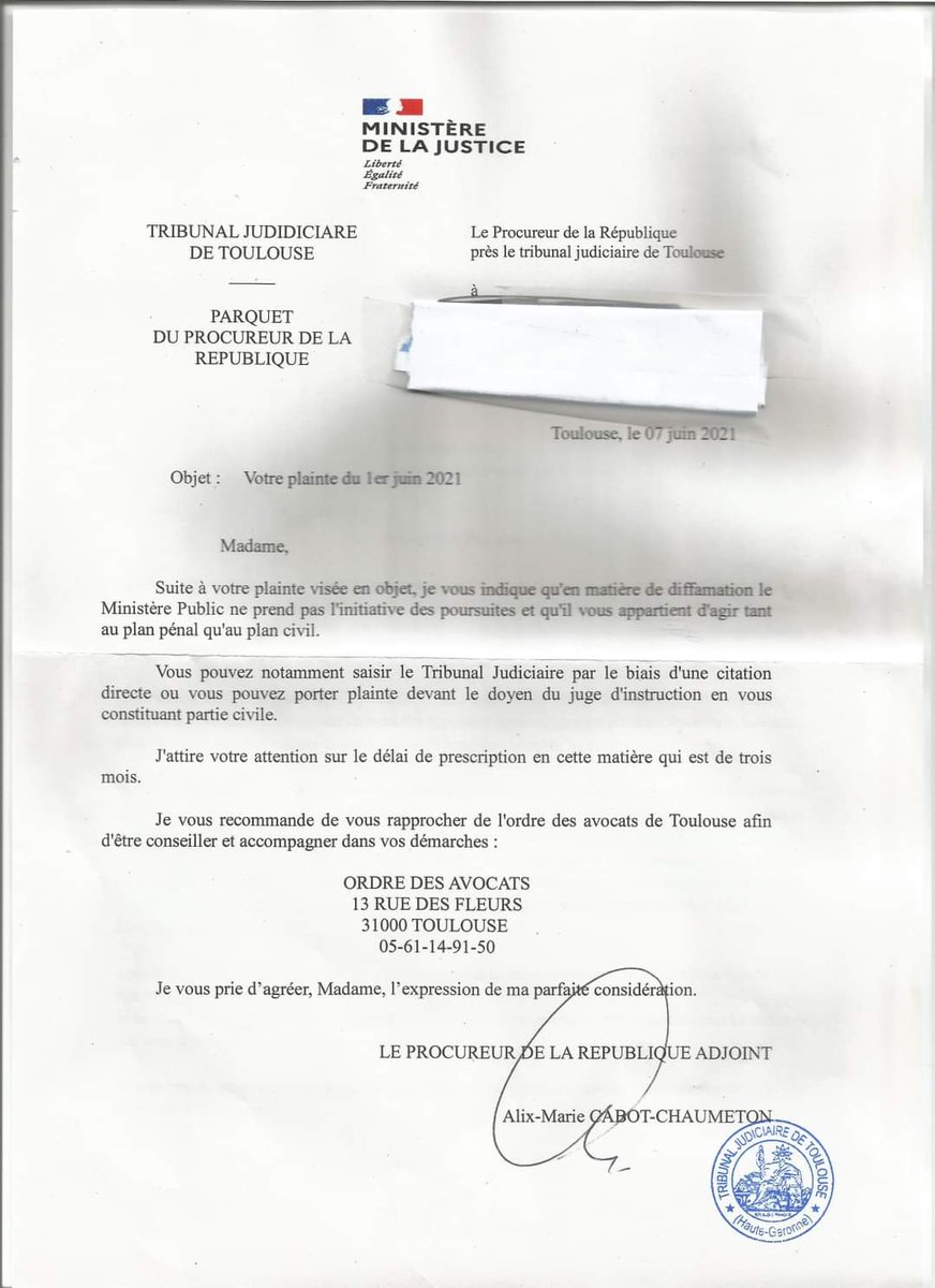 MyriamMartinFI's tweet photo. Réponse du procureur de la République à ma plainte du 1er juin : ayant reçu de manière anonyme des courriers insultants, intimidants et menaçants, j'avais saisi le procureur, la réponse est datée du 7 juin mais uniquement expédiée le 16 juin, et reçue aujourd'hui le 18 juin! https://t.co/KQxOFj0zSu