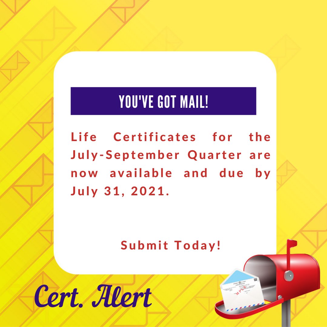 accountantgenja's tweet photo. Life Certificates for the July-September quarter are due by July 31, 2021.
Don't delay, submit today!
#LifeCertificates #AGD #AccountantGeneral #CertAlert https://t.co/TvOmgbp8np