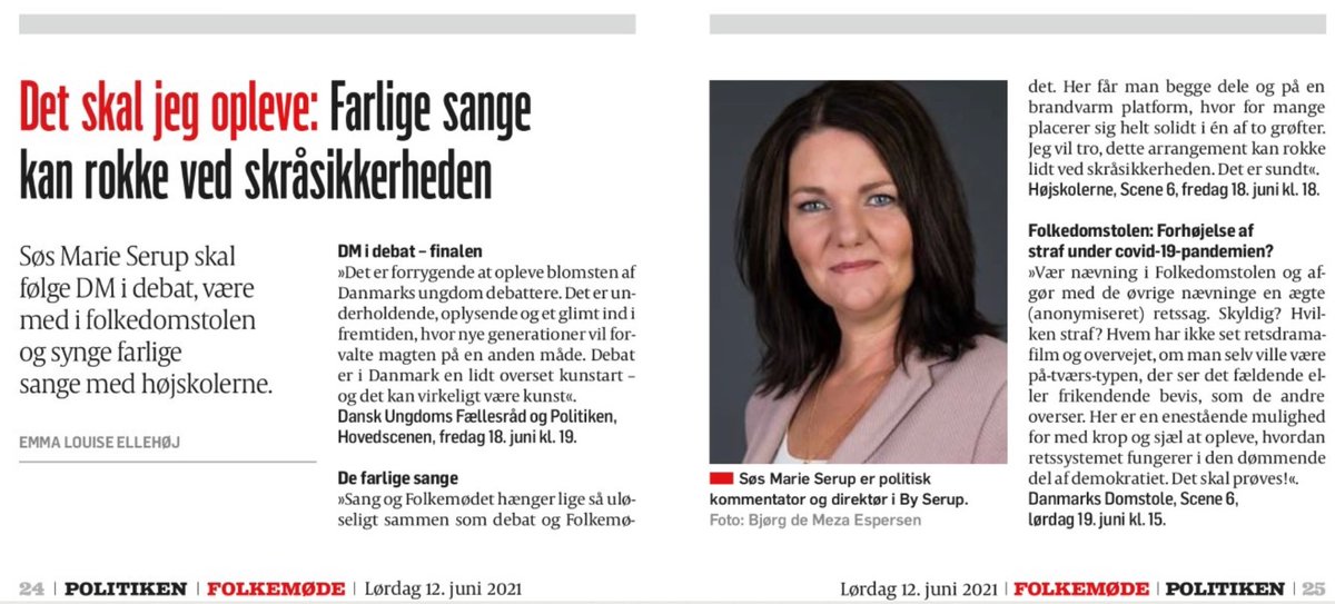 Hojskolerne's tweet photo. "Jeg vil tro, at dette arrangement kan rokke lidt ved skråsikkerheden." @SMSerup skal høre "de farlige sange" på #fmdk - med @TomJensen1966, @trinskjaer og @LeaKorsgaard - @RBorring og #juliemaria spiller for. https://t.co/KVdjjyet8h