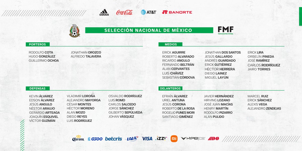 miseleccionmx's tweet photo. 📄 | NOTA 

¡Atención, Incondicionales! 🚨
¡Esta es nuestra lista preliminar para la 🏆 Oro 2021! 🙋🏻‍♂️ 🇲🇽 ⚽️

Aquí más info. 👉🏻 https://t.co/XLIsikQT9e

#PasiónyOrgullo | #FMFporNuestroFútbol https://t.co/hmBPSjc9CR