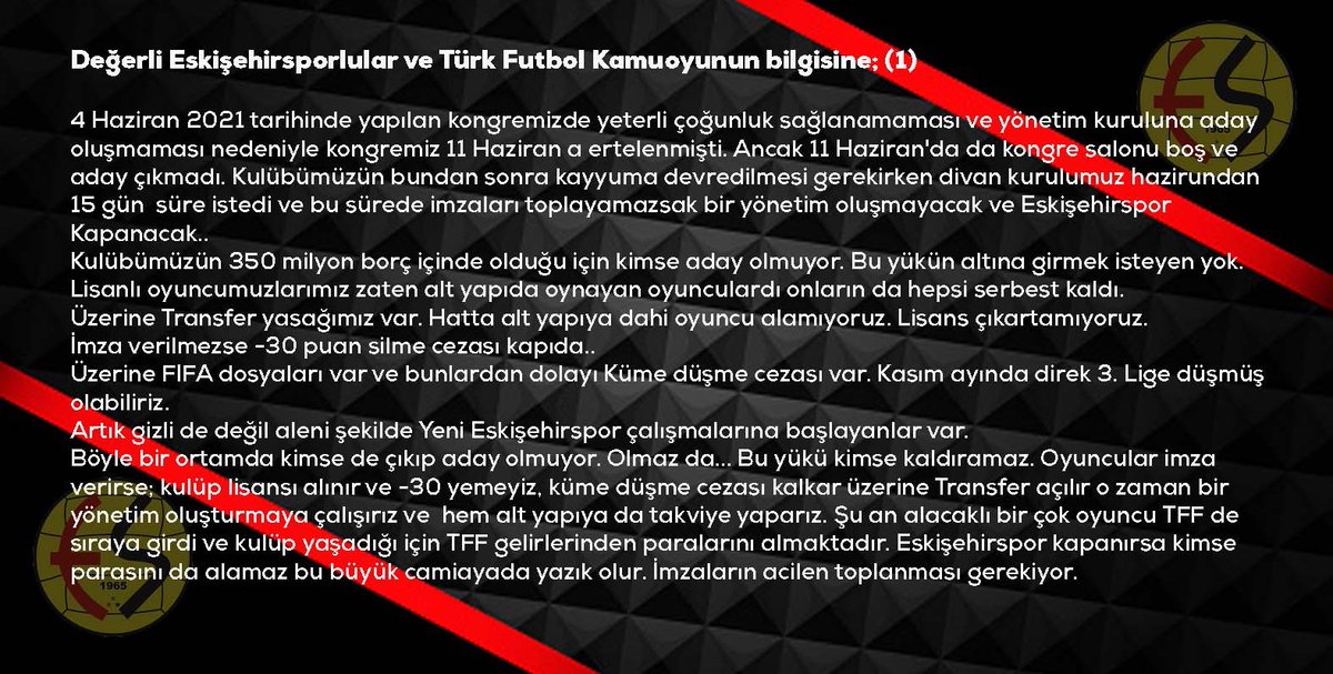 Yarın 56. Yılımızı coşkuyla değil acıyla geçireceğiz. Sesimizi duyun. Lütfen imza verin. #EskişehirsporKapanıyor
