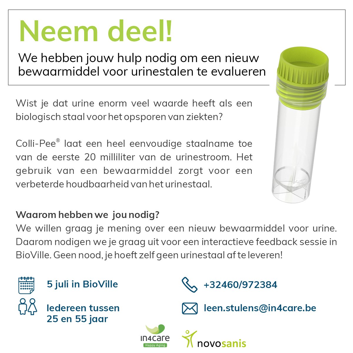 Geef jij mee feedback op een nieuw bewaarmiddel voor urine? 

Iedereen tussen 25 en 55 jaar is welkom! 

Doe mee en schrijf je hier in 👇
forms.gle/oWSWHcNhXW32NB…

#livinglab #innovatie <a href="/Novosanis/">Novosanis</a> <a href="/In4Care/">IN4CARE</a>