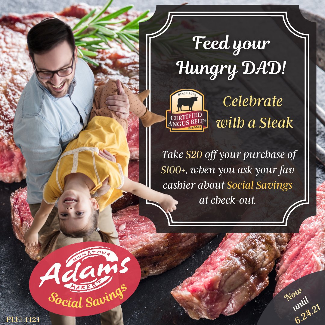 AdamsMarkets's tweet photo. Give Dad what he really wants: A Juicy Steak from @CertAngusBeef ! 🥩 
Just ask for "Social Savings" or use SocialSavings at our online, #ClickToCart check out!
#AvailableInAllLocationsUponRequest #FathersDay #ThatMarblingThough #AskOurButchersForTheBest
https://t.co/rEGYYrXzKj https://t.co/0Rzc039fJA