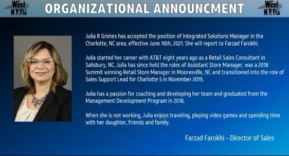 Really excited about this one, as it’s been a long time coming!!Congratulations to <a href="/JT_42/">Julia Grimes</a> as our very first ISM promotion within the market in NC West!