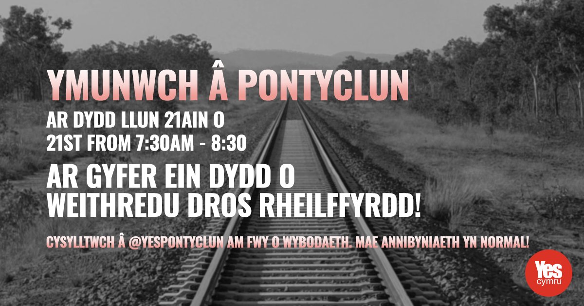 Bydd grwpiau YesCymru yn cymryd rhan yn ein Dydd o Weithredu Dros Rheilffyrdd dros Gymru dydd Llun yma! Byddwn yn dal pobl ar eu ffordd i'r gwaith i rannu deunydd ac i'w cael i feddwl am ddyfodol rheilffyrdd Cymru! Yn Pontyclun? Eisiau cymryd rhan? Cysylltwch â @YesPontyclun