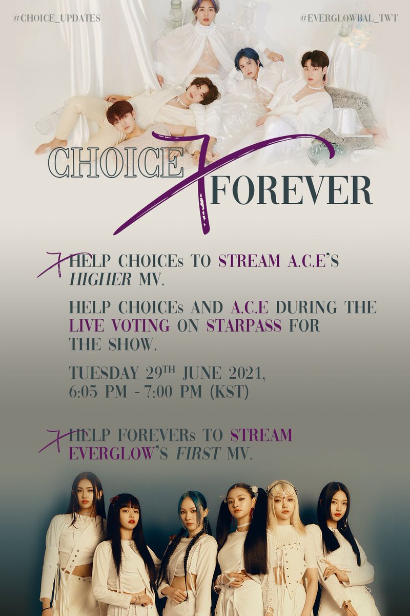 ChoiceUpdates's tweet photo. CHOICE!!
we have already successfully collaborated with @EVERGLOWBAL_twt. Now Forever are going to help us not only streaming the MV but also during live-voting for The Show. In return we will stream Everglow's First MV while streaming #ACE_Higher
FIGHTING!! π
#CHOICEXFOREVER https://t.co/0Q9zK4zcmg