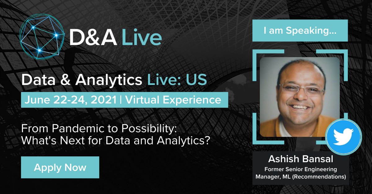 CoriniumGlobal's tweet photo. Join us on June 22 - 24, 2021 at Data & Analytics Live: US with speakers like Ashish Bansal, Former Senior Engineering Manager, ML (Recommendations), Twitter.
Register now free of charge! https://t.co/q8Lay3lENx #DataAnalyticsLive #Networking #CDO #CIO #Data #DataScience https://t.co/Ik8pKXjQLP