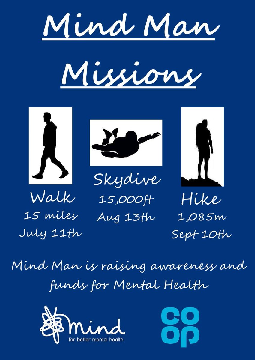 PaulCoopOSC's tweet photo. #MindMan and NO0507 are on a mission to raise awareness and funds for Mental Health and @MindCharity π Starting with an epic 15 mile walk in JulyπΆπΆββοΈπΆββοΈ #MentalHealthAwareness #ItsWhatWeDo @coopuk @LucyDodridge @steph_campbell3 @Mcalvert2016 @mazieblake12345 @furnivalderek https://t.co/31q6BOgjmf