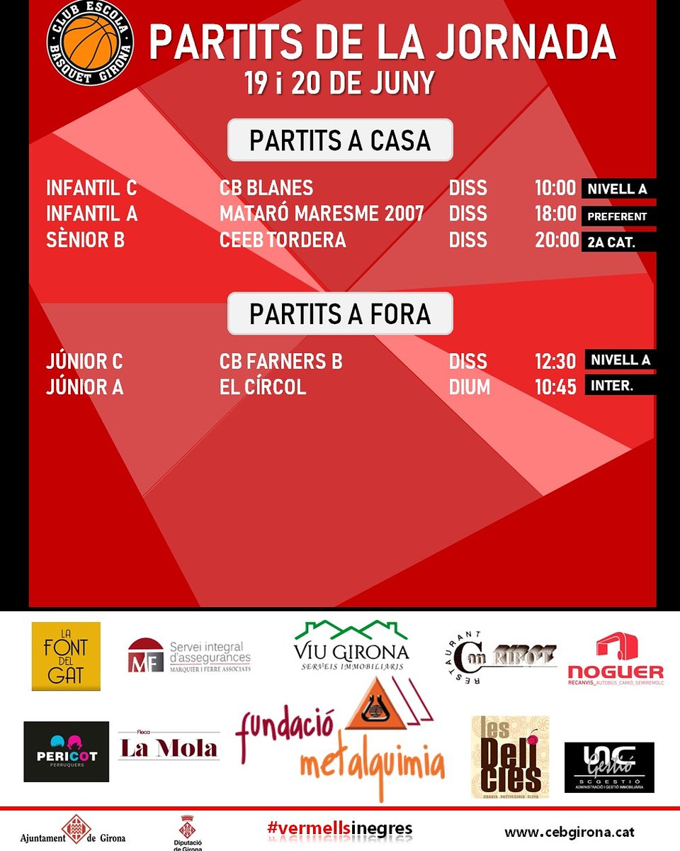 CEB Girona (@ceb_girona) on Twitter photo 🚀 PARTITS CAP DE SETMANA 🚀
🏀 Últims partits al #RamonSitjà com a CEB Girona!!
2️⃣🅰️ El #2acatalana , jugarà l'últim partit 🆚️ <a href="/ceebtordera/">CEEB Tordera</a> i vol guanyar l'average.
➡️ IC, JC i JA últims partits de la temporada.
‼️IA disputa la 🅵8 de #PreferentB.
#vermellsinegres🔴⚫ 🚀 PARTITS CAP DE SETMANA 🚀
🏀 Últims partits al #RamonSitjà com a CEB Girona!!
2️⃣🅰️ El #2acatalana , jugarà l'últim partit 🆚️ <a href="/ceebtordera/">CEEB Tordera</a> i vol guanyar l'average.
➡️ IC, JC i JA últims partits de la temporada.
‼️IA disputa la 🅵8 de #PreferentB.
#vermellsinegres🔴⚫