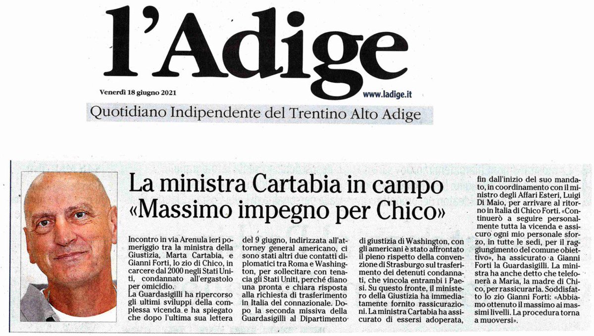 FreeChicoForti's tweet photo. l'Adige 18 giugno 2021 

#ChicoForti #chicofortifree #FreeChicoForti #ladige https://t.co/d5xzHZSJK5