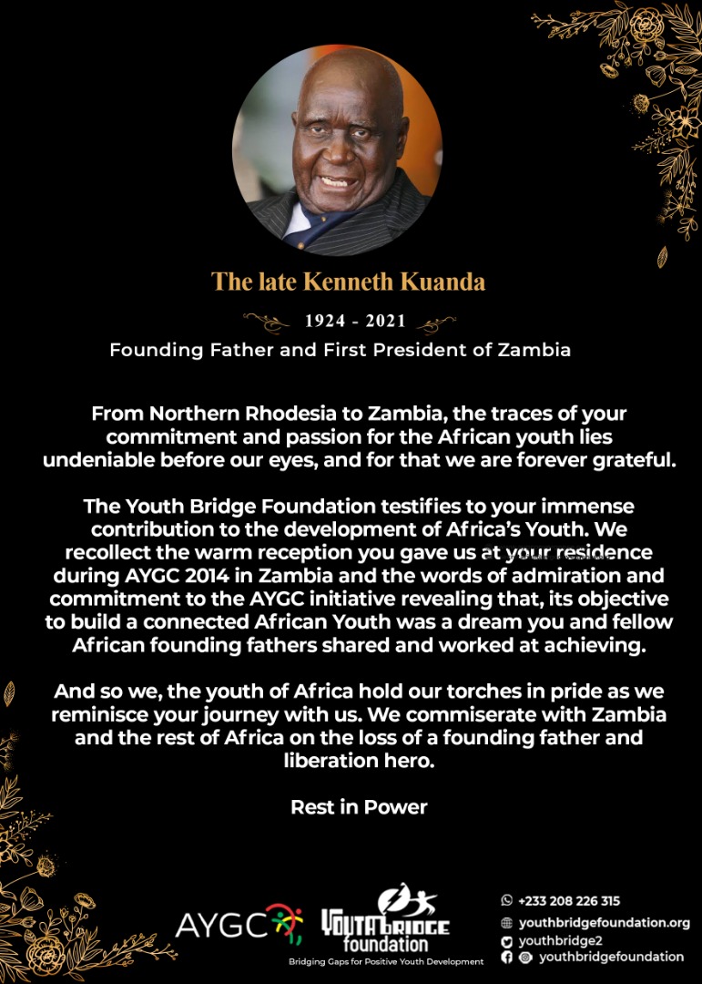 We commiserate with Zambia and the rest of Africa on the loss of a founding father and liberation hero. Rest in Power Your Excellency Kenneth Kaunda! #RIPKK #AYGC
#YouthMatter <a href="/hon_kangwa/">Ruth Kay Kangwa-Ndhlovu</a> @MhuriroOliver