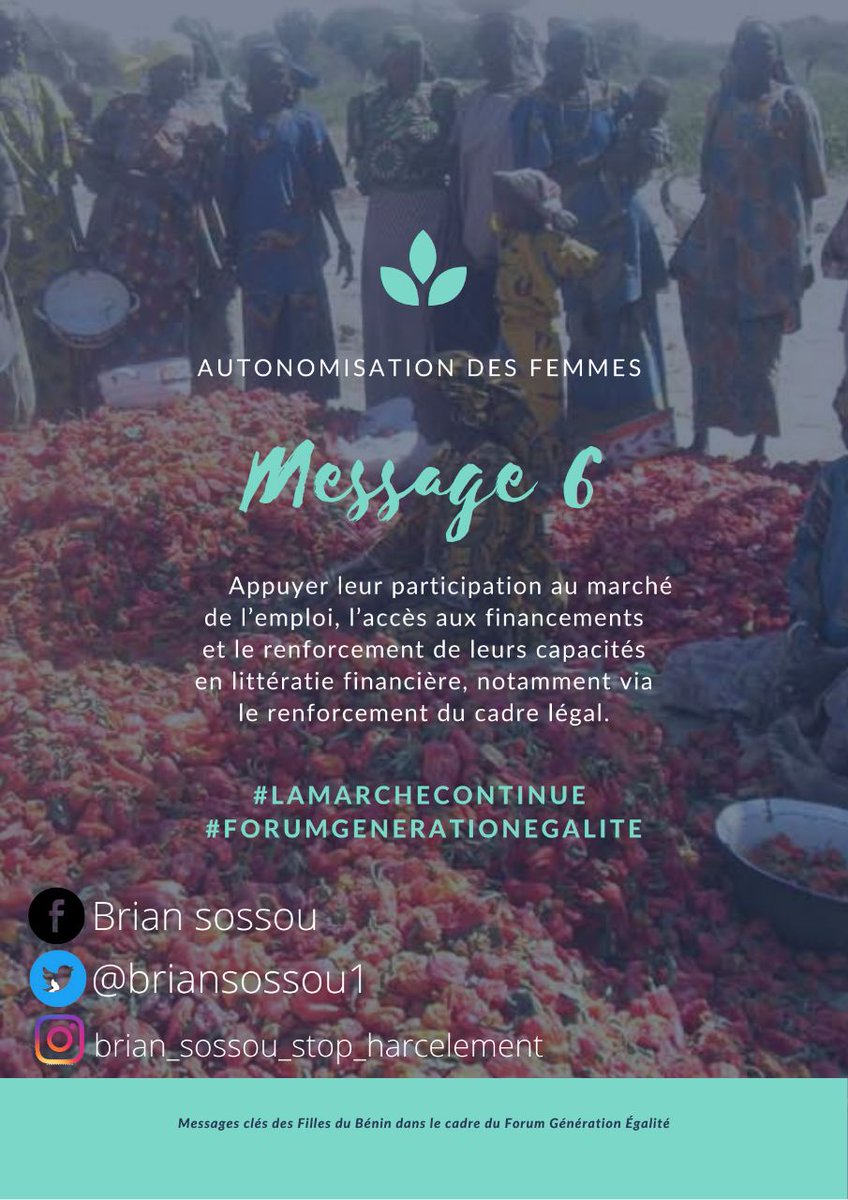 𝗠𝗲𝘀𝘀𝗮𝗴𝗲𝘀 𝗰𝗹𝗲́𝘀 𝗱𝗲𝘀 𝗙𝗶𝗹𝗹𝗲𝘀 𝗱𝘂 𝗕𝗲́𝗻𝗶𝗻 🇧🇯🇧🇯🇧🇯 𝗱𝗮𝗻𝘀 𝗹𝗲 𝗰𝗮𝗱𝗿𝗲 𝗱𝘂 𝗙𝗼𝗿𝘂𝗺 𝗚𝗲́𝗻𝗲́𝗿𝗮𝘁𝗶𝗼𝗻 𝗘́𝗴𝗮𝗹𝗶𝘁𝗲́ 

𝗠𝗲𝘀𝘀𝗮𝗴𝗲 𝗡°𝟲

#H1000FGE #LaMarcheContinue #NosVoixComptent #GénérationÉgalité #Égalitéonagit #GenerationEqualityForum