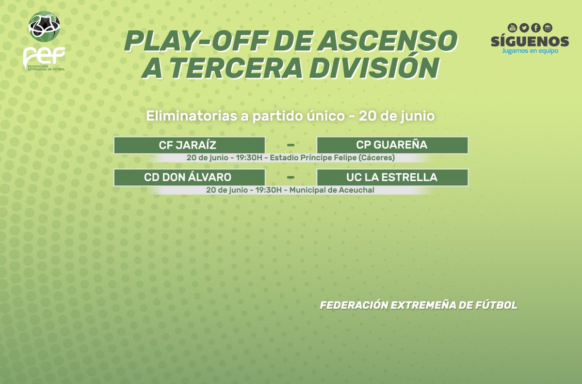 📌El fin de semana viene cargado de emoción | ⚽Repasamos la agenda de partidos en los ⏫Play-Off de Ascenso a Tercera División y Primera Extremeña 👍¡Mucha suerte a todos los equipos! #JugamosEnEquipo