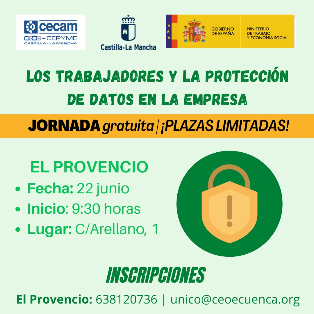 unicoprovencio's tweet photo. El martes 22 Jornada Informativa gratuita en #ElProvencio sobre Los trabajadores y la #Protecciondedatos en la #Empresa. Aforo limitado. Reserva ya tu plaza.  @ceoecuenca @_CECAM @JCCMCuenca. https://t.co/AOgV96WIwM
