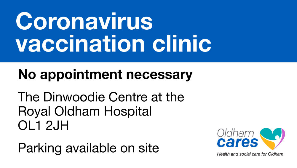 ❗❗ No appointment needed, walk-in 1st dose Pfizer clinic tomorrow - Saturday 19 June ❗❗
08:30-18:30 at The Royal Oldham Hospital’s Dinwoodie Centre. For #Oldham residents aged 18+ who have not had their 1st dose 👍