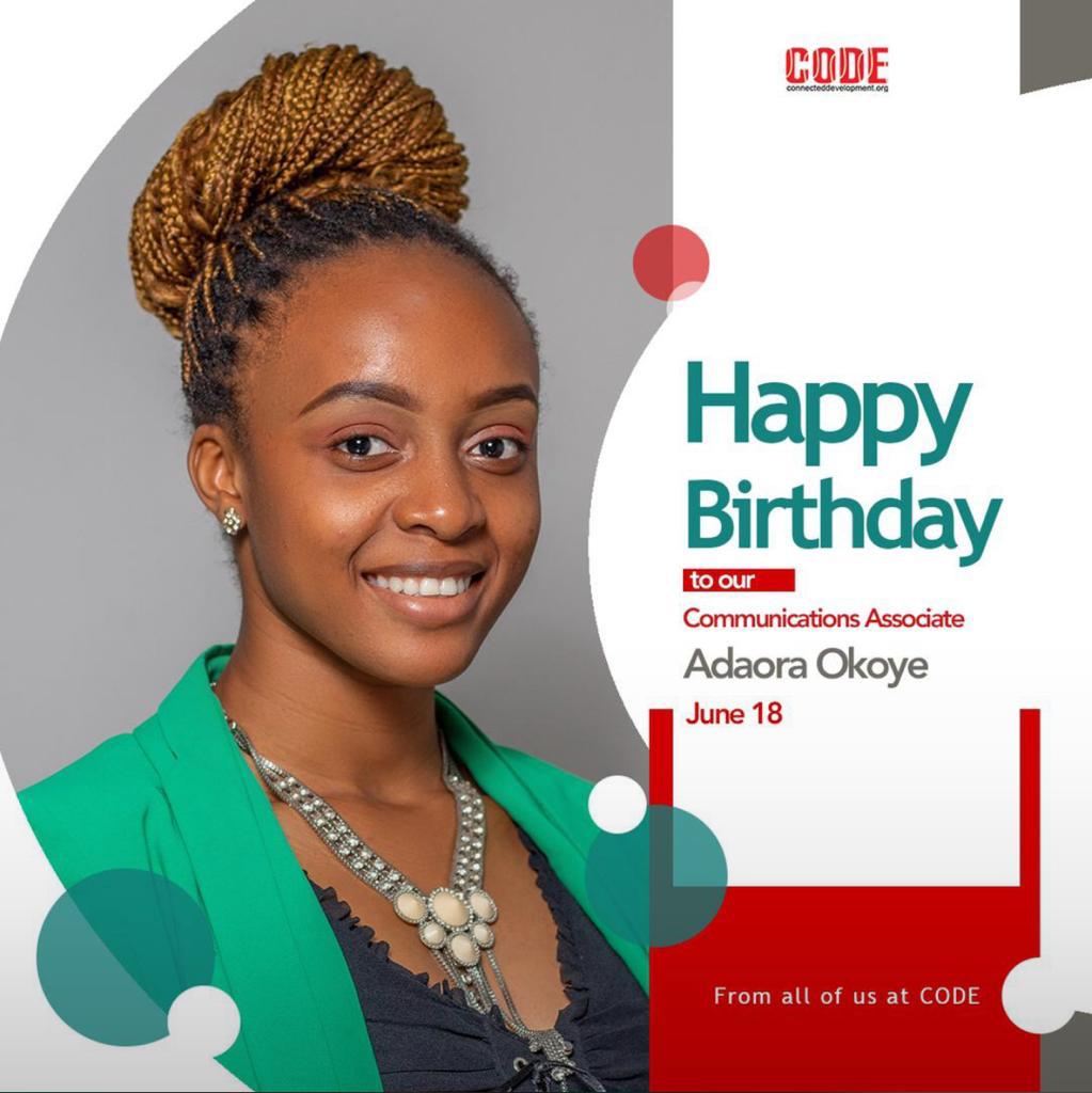 Connected_dev's tweet image. Happy birthday to our wonderful Communications Associate Adaora Okoye @Adaoraokoye_ 
Your consistent determination and tenacity towards the work you do is truly inspiring!
Wishing you joy, happiness and light!
#CODErs #HumansOfCODE
