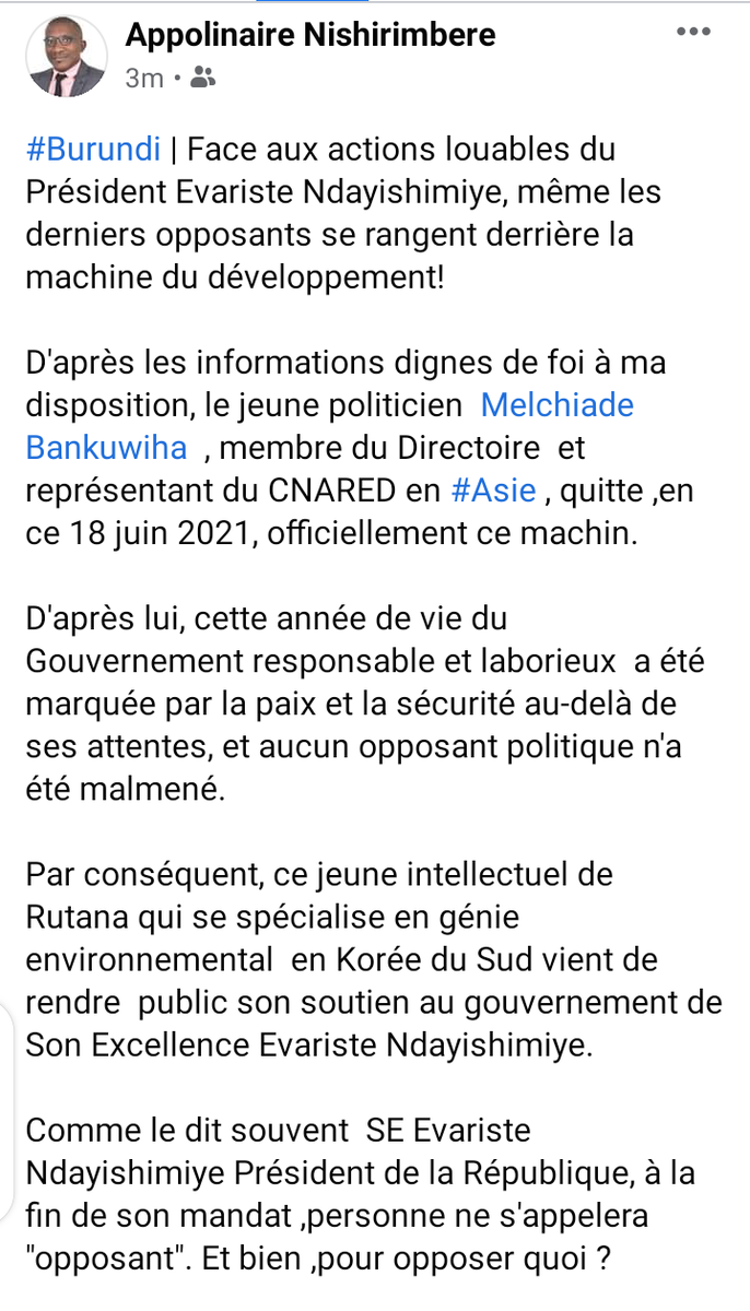 ApolloSmile's tweet photo. Je dépose ça ici.
Le tout dernier clou est enforcé sur le cercueil du machin #CNARED!
Ainsi, le Dr Jean Minani et le Président du @BurundiCnl restent les seuls opposants en solo au #Burundi.
Qu'est-ce qu'ils opposent ,au fait ❓ That is the question 🤣🤭 https://t.co/hCHtZpeBMp