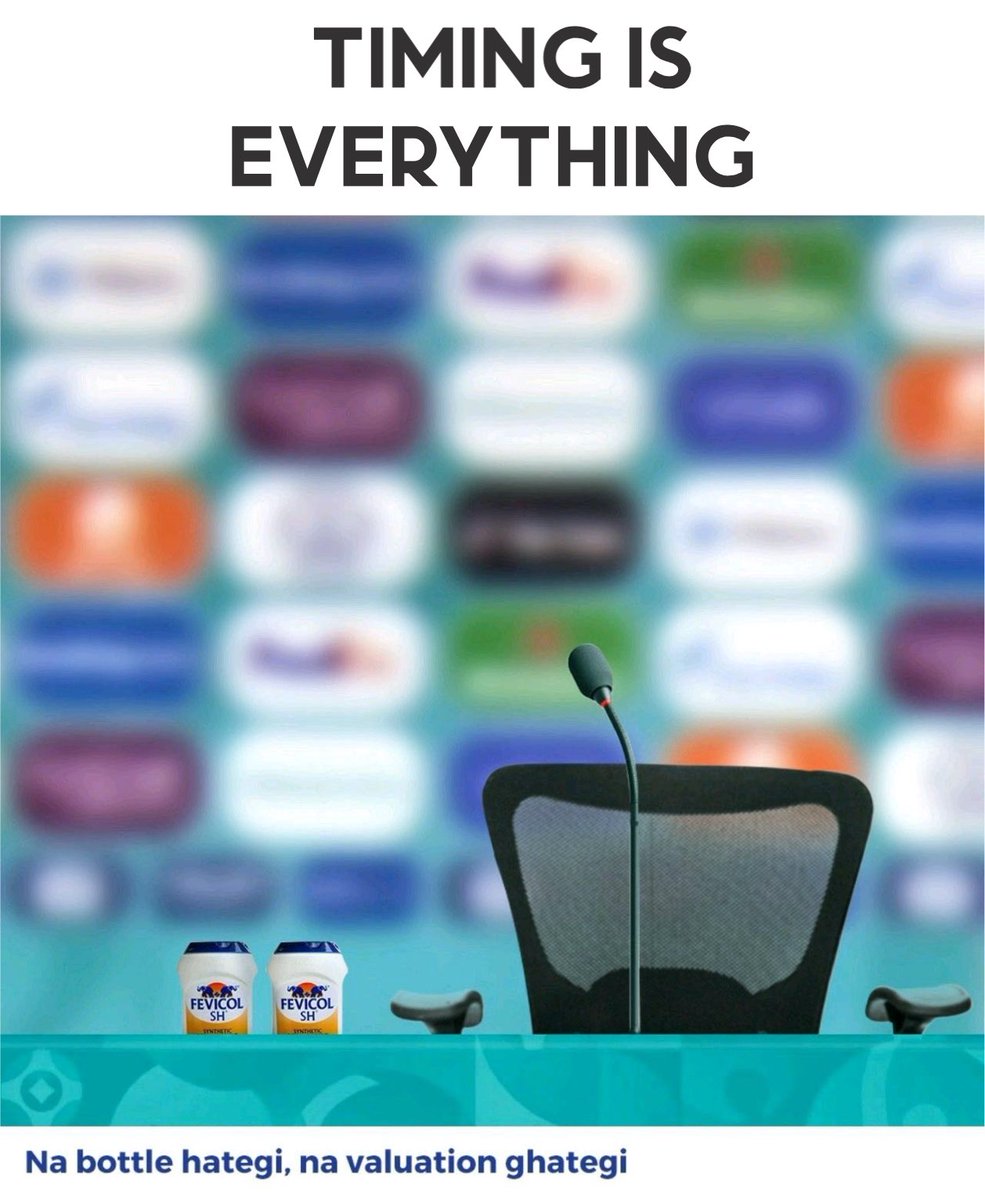 “Na bottle hategi, na valuation ghategi” 

Another classic from #Fevicol!

Timing is everything, especially in the advertising and marketing industry – if you post too early, nobody cares and if you post too late you miss out. 

#marketing #advertising #FevicolKaJod