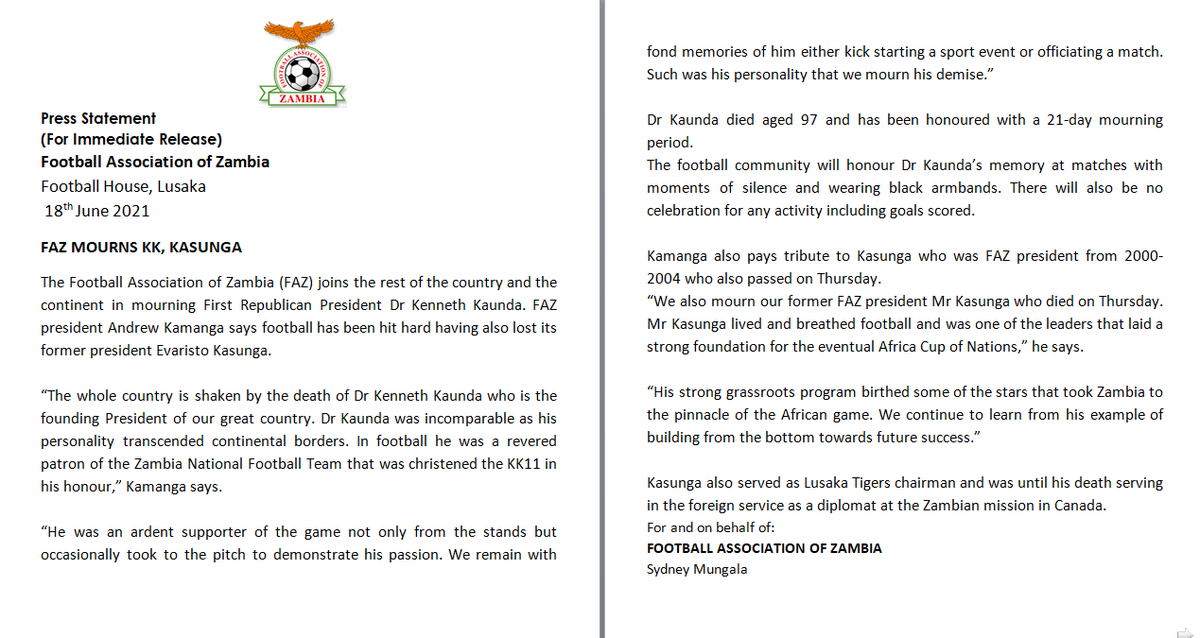 FAZFootball's tweet photo. @FAZFootball mourns KK, Kasunga #RIPKennethKaunda #Kasunga https://t.co/RH2rkMo5KO