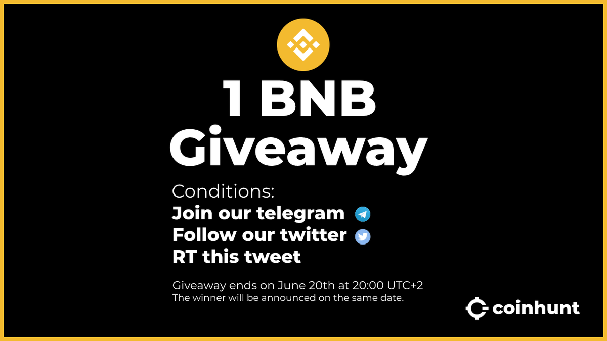 trunksdotsol's tweet photo. 🎉🎉 1 $BNB GIVEAWAY 🎉🎉

As promised, we will do giveaways regularly.
Here is another one.

To participate :
-Join our telegram https://t.co/cxU8pNC3mo
-Follow @CoinhuntCC
-Rt this tweet 

The winner will be announced on June 20 (21:00 UTC+2). https://t.co/qO9aEIIyjp