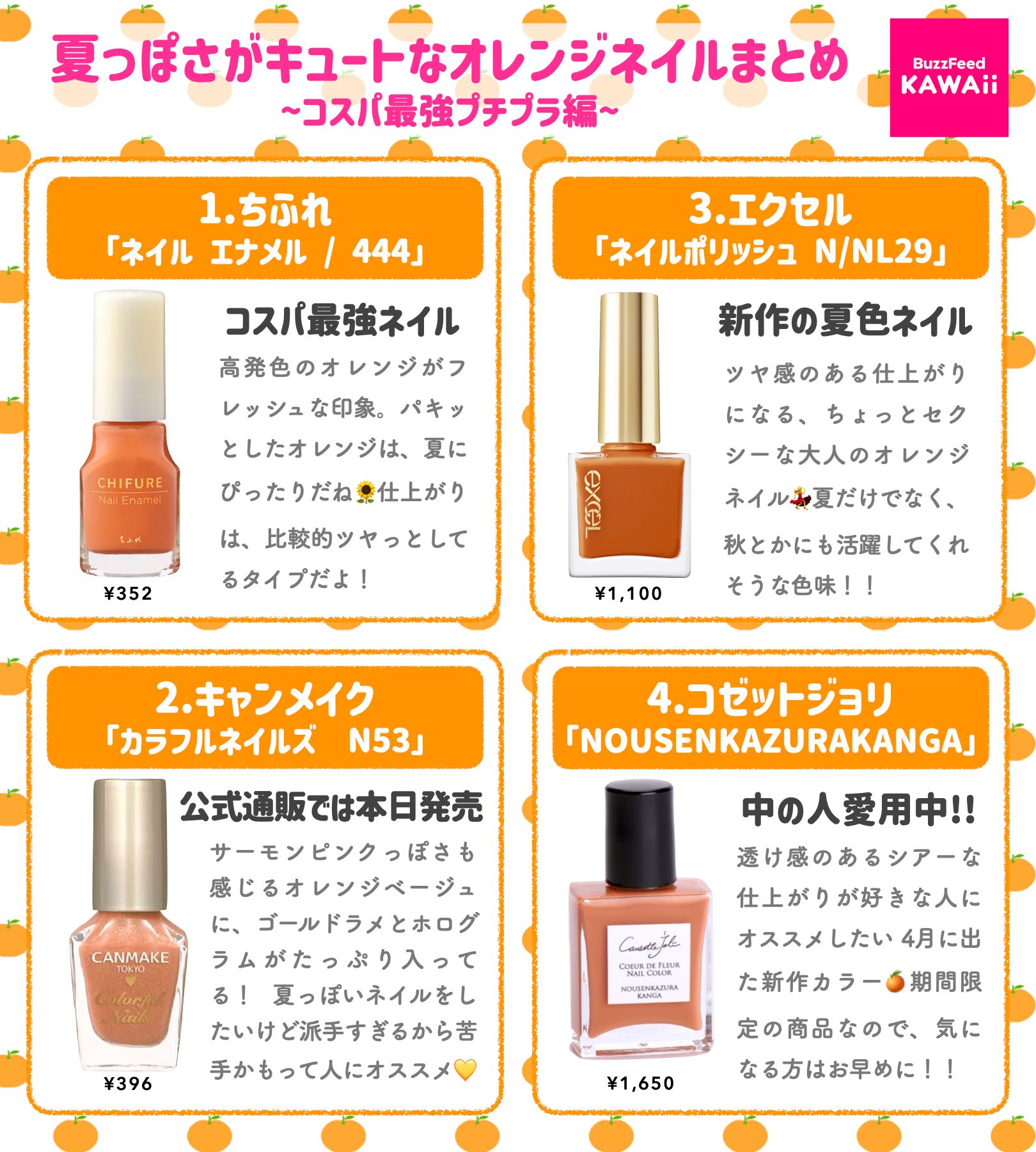 تويتر Buzzfeed Kawaii على تويتر 夏っぽさがキュートなオレンジネイルをまとめました 一枚目はプチプラ 二枚目はデパコスです T Co U4adq5noho