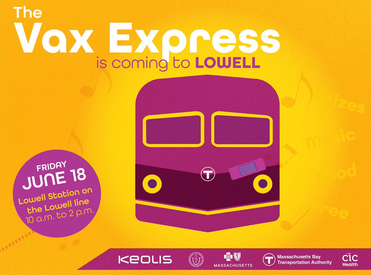 MBTA_CR's tweet photo. ๐ฃ Lowell Area! The Vax Express is coming to you today! Walk-ups are welcome or you can book in advance at https://t.co/HNKg6hDO79
Find the Vax Express Today, June 18, at:
๐ Lowell Station, 10 am โ 2 pm
๐ North Station, 3 pm โ 7 pm https://t.co/wXCMh13Y7p