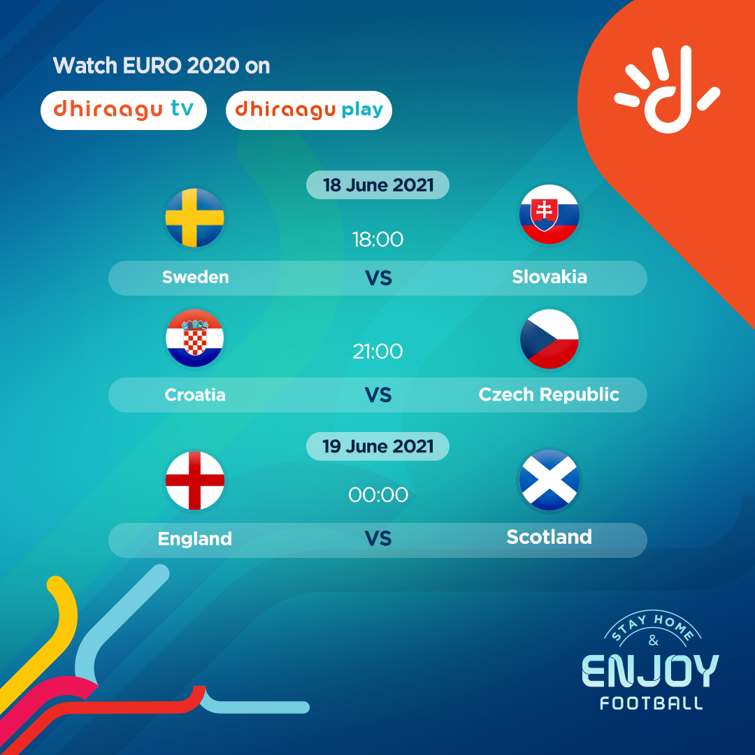 Dhiraagu's tweet photo. Another action packed day at #EURO2020 

18:00 - 🇸🇪 vs 🇸🇰
21:00 - 🇭🇷 vs 🇨🇿
00:00 - 🏴󠁧󠁢󠁥󠁮󠁧󠁿 vs 🏴󠁧󠁢󠁳󠁣󠁴󠁿

Catch all the ⚽️ action on Dhiraagu TV tonight on Sony Ten 2 HD (Ch. 102) and on DhiraaguPlay 👉🏽 https://t.co/8NufyAzN9T https://t.co/TxMeixyw3p
