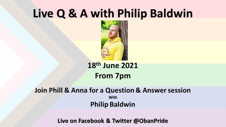 ObanPride's tweet photo. 2 Live streamed events - 1 weekend

Join us tonight from 7pm for our special Pride Month Q&amp;A with @philipcbaldwin live on the Oban Pride Facebook Page

Then Join Oban Pride, @DunoonPride &amp; @ButeLgbt for Argyll Wide Virtual Pride tomorrow night from 7pm. #pride #Pride2021 https://t.co/vAIFbcx6GJ