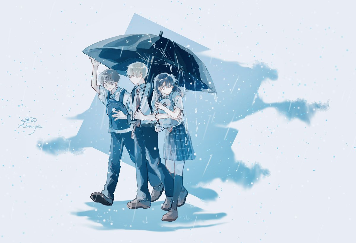 1girl umbrella rain holding umbrella 2boys shared umbrella school uniform  illustration images