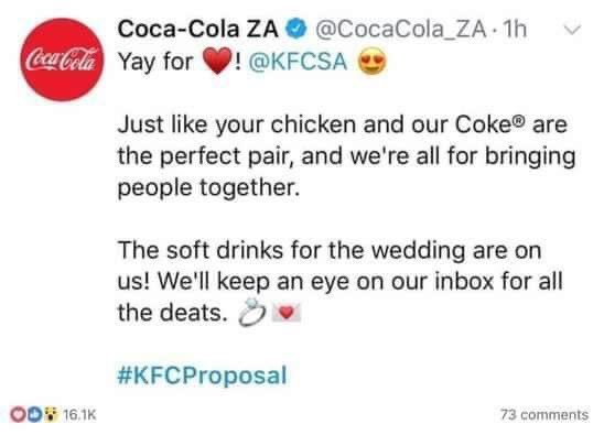 Time to bring this back to the Timeline 😍

A guy proposed to his girlfriend in a KFC in South Africa. A journalist laughed at him in a tweet but little did she know she was setting this couple up with the biggest blessings of their lives.
#KFCProposal