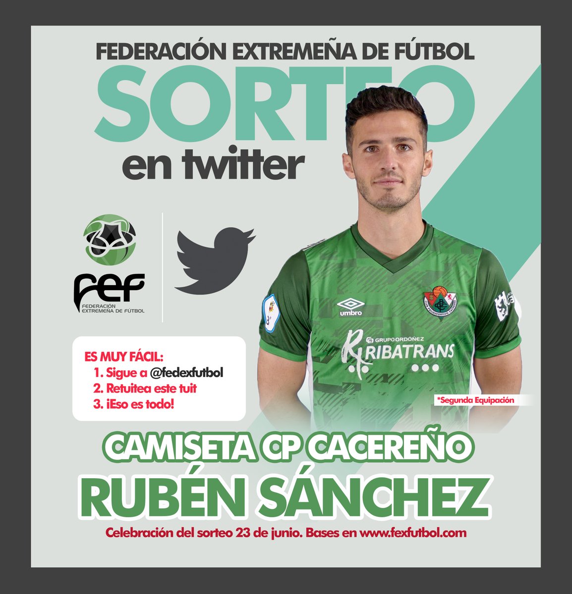 Fexfutbol (@fedexfutbol) on Twitter photo 🎲¡¡¡SORTEO!!! ✅Sigue a <a href="/FedExFutbol/">Fexfutbol</a>, 🔃retuitea este tuit y hazte con 1 CAMISETA de RUBÉN SÁNCHEZ (<a href="/rubensg97/">Ruben Sanchez Gomez</a>), capitán del <a href="/CPCacerenoSAD/">CP Cacereño 🟢🐉</a> ¡¡¡ASÍ DE FÁCIL!!!🙈 Participa hasta el 23/6 🗣¡VAMOS! #SorteosFEXF🎁 🎲¡¡¡SORTEO!!! ✅Sigue a <a href="/FedExFutbol/">Fexfutbol</a>, 🔃retuitea este tuit y hazte con 1 CAMISETA de RUBÉN SÁNCHEZ (<a href="/rubensg97/">Ruben Sanchez Gomez</a>), capitán del <a href="/CPCacerenoSAD/">CP Cacereño 🟢🐉</a> ¡¡¡ASÍ DE FÁCIL!!!🙈 Participa hasta el 23/6 🗣¡VAMOS! #SorteosFEXF🎁