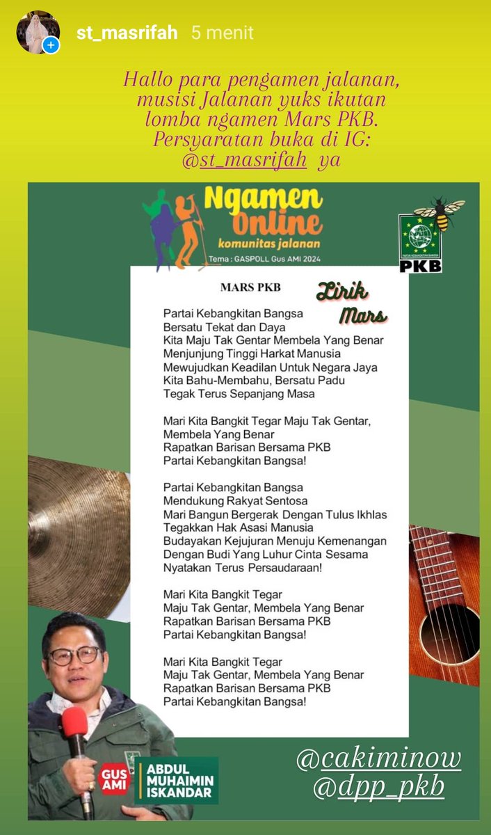 st_masrifah's tweet photo. Yuks para Musisi Jalanan bergabung ikutan Lomba Mars PKB dan Lagu Kreasimu di Harlah PKB yang ke 23 Tahun. Tiada kesan tanpa keikutsertan kalian. Tetap berkreasi dimasa Pandemi. Semangat dan jangan lupa bahagia.
@cakiminow
@emhasanuddin
@dpp_pkb 
@faridafarichah
@DPWPKB_SULTENG https://t.co/eYW4tKkSd2