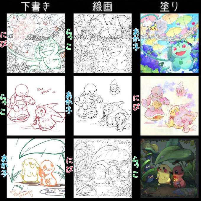 #3人で下書き線画塗りを交換して絵を完成させる
めーーちゃくちゃ楽しい企画に参加させていただきました!!!
下書きの後、線画担当がポケモンを足してバトンを繋ぐのが超新鮮で楽しかったです🥳
もうね…全部可愛いんですよ…全人類見て…!! 