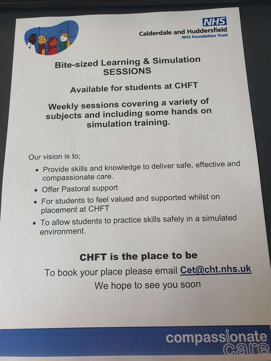CHFTCET's tweet photo. Students Bitesized learning
Here at CHFT we are offering our students the opportunity to attend bitesized learning sessions including simulation.
Please email Cet@cht.nhs.uk to register your interest
#learninginpractice
#Nurses #Midwives #Collaboration
@CHFTNHS https://t.co/mwcks5tHdn