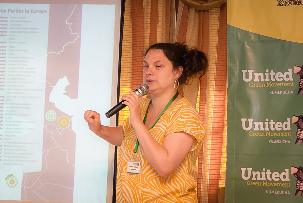 UGMParty's tweet photo. "Greens are a party that talks to social movements" "Dualities are our troubles, state vs citizen; rural vs urban; majority vs minority. Can these disputes be resolved" These and other gems were shared by Vesna Jusup from the @europeangreens #UGMConvention #Kumekucha @jasudan https://t.co/CXz4adBrlW