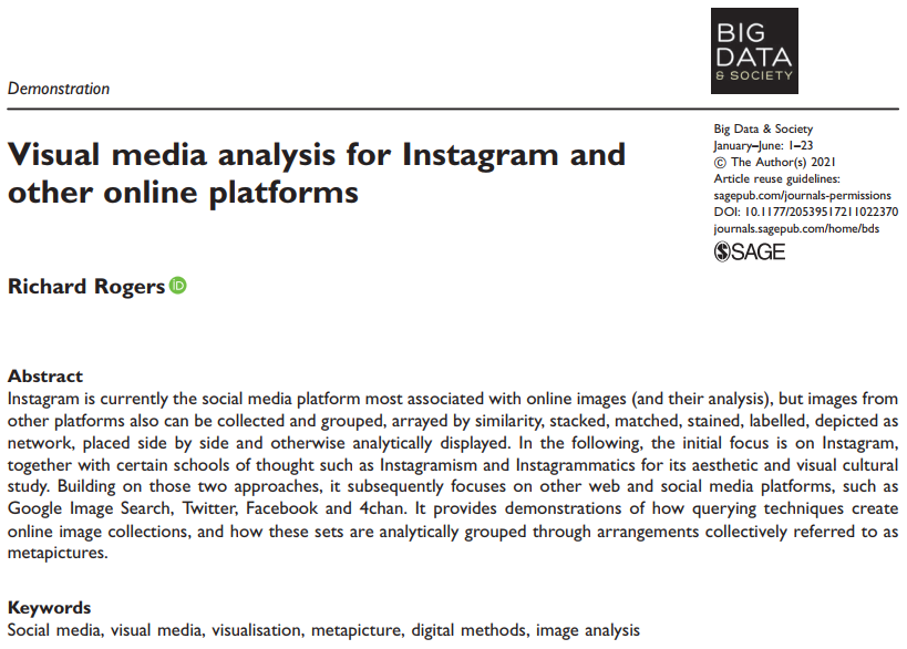 BigDataSoc's tweet photo. 👁🗨Visual media analysis for #Instagram and other online platforms, a brand new demonstration by Richard Rogers (@richardrogers). Check it out: https://t.co/iSFYxp8psY #visualisation, #metapicture #digitalmethods https://t.co/5wTFltMyGf