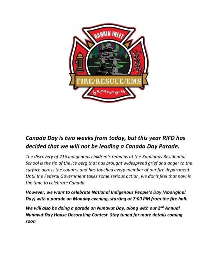 KentDriscoll's tweet photo. Rankin Inlet FD have decided not to do a Canada Day parade. They will parade on Nunavut and Indigenous Day. https://t.co/NETggOIema
