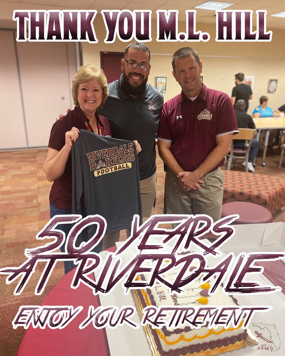 RiverdaleFB's tweet photo. 5️⃣0️⃣ years. 
At the same school. 
Mrs. Hill, you are Riverdale…forever. 

Thank you! Enjoy your retirement. 

#SellGold #RiseUp 🏴‍☠️🏈 https://t.co/l21Ibp669u