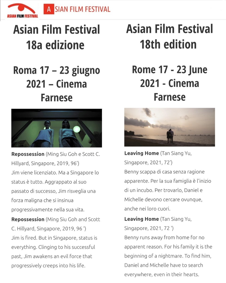 Glad we're in #AsianFilmFestival #AFF18 with another #Singapore film, Leaving Home. Today's our Italian #premiere at @CinemaFarnese, #Rome! #SGrepresent

A film by @gohmingsiu & @scottchillyard
Trailer bit.ly/RepoTrailer3

#RepossessionFilm #MonkeyAndBoar #asianfilm #filmfest