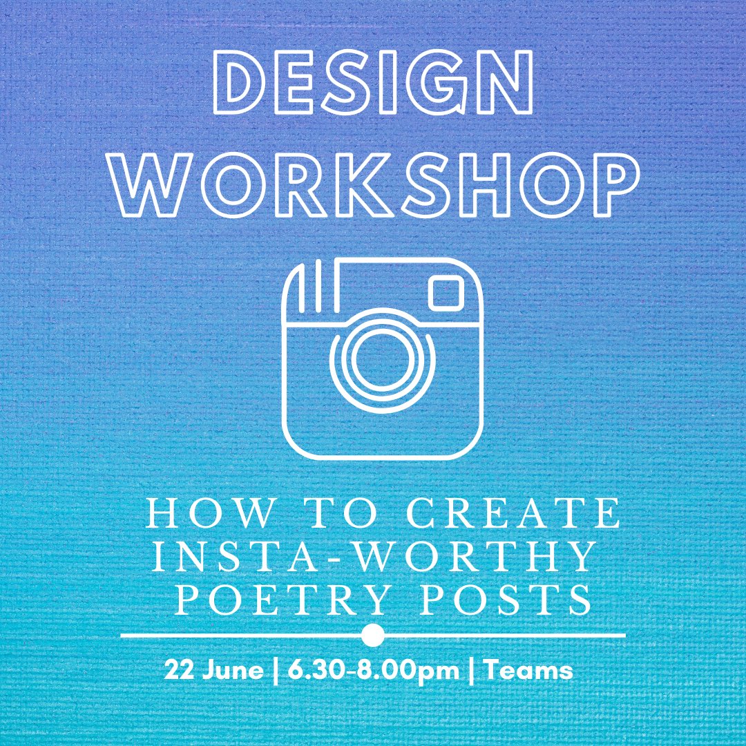 Hey members! We have a BRAND NEW event for you guys next week. 

Join us on Tuesday 22nd June, 6.30-8.00pm via Teams, for our Design Workshop. Come along and learn how to create insta-worthy poetry posts on Canva. 

#poetry #poetryworkshop #mmupoetrysociety #canva #designworkshop