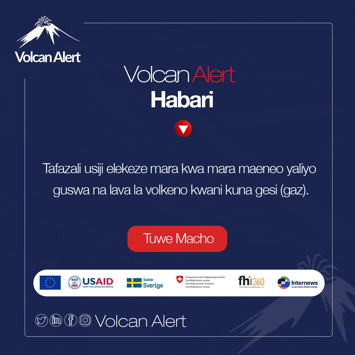 AlertVolcan's tweet photo. Tafazali usiji elekeze mara kwa mara maeneo yaliyo guswa na lava la volkeno kwani kuna gesi (gaz).
#VolcanAlert #EruptionNyiragongo #Goma #RDC #Internews #USAID #SuedeSverige #FHI360 #ConfederationSwisse #MSDA https://t.co/a9ga8Y1QfA