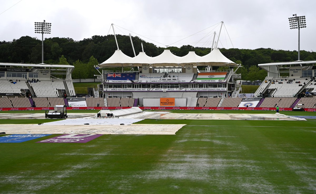 ICC's tweet photo. It's still raining at the Hampshire Bowl in Southampton as we await the start of play ⛈️

#WTC21 Final | #INDvNZ https://t.co/CTSezyi4VZ