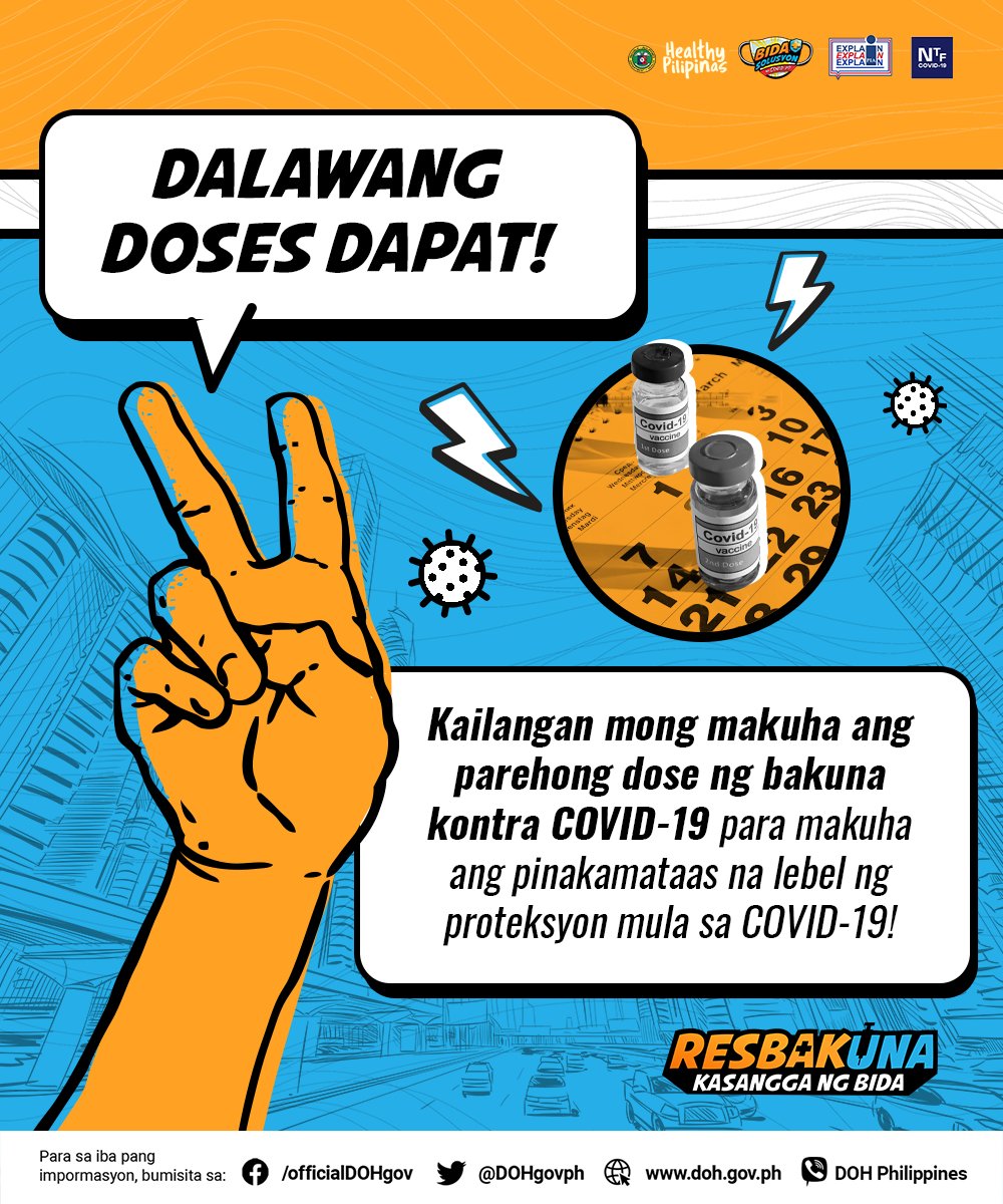 DOHgovph's tweet image. Dalawang doses dapat!

Kailangan mong makuha ang parehong dose ng bakuna kontra COVID-19 para makuha ang pinakamataas na lebel ng proteksyon mula sa COVID-19!

RUMESBAKUNA na!