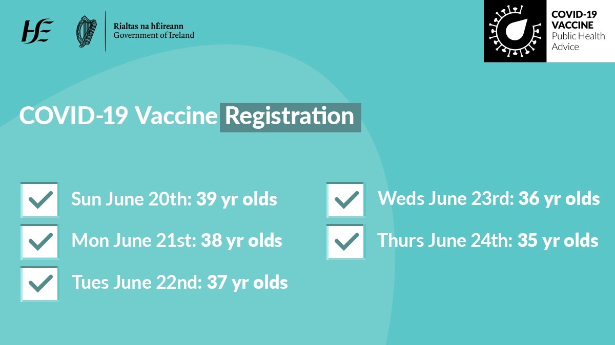 HSELive's tweet photo. #CovidVaccine registration will open tomorrow for 35 to 39 year olds, starting with people aged 39. Registration will be available for people aged 38 on Monday, 37 on Tuesday, 36 on Wednesday and 35 on Thursday. For more information, visit: https://t.co/ShxnLGgSxJ
#ForUsAll https://t.co/A01IcCSbUW