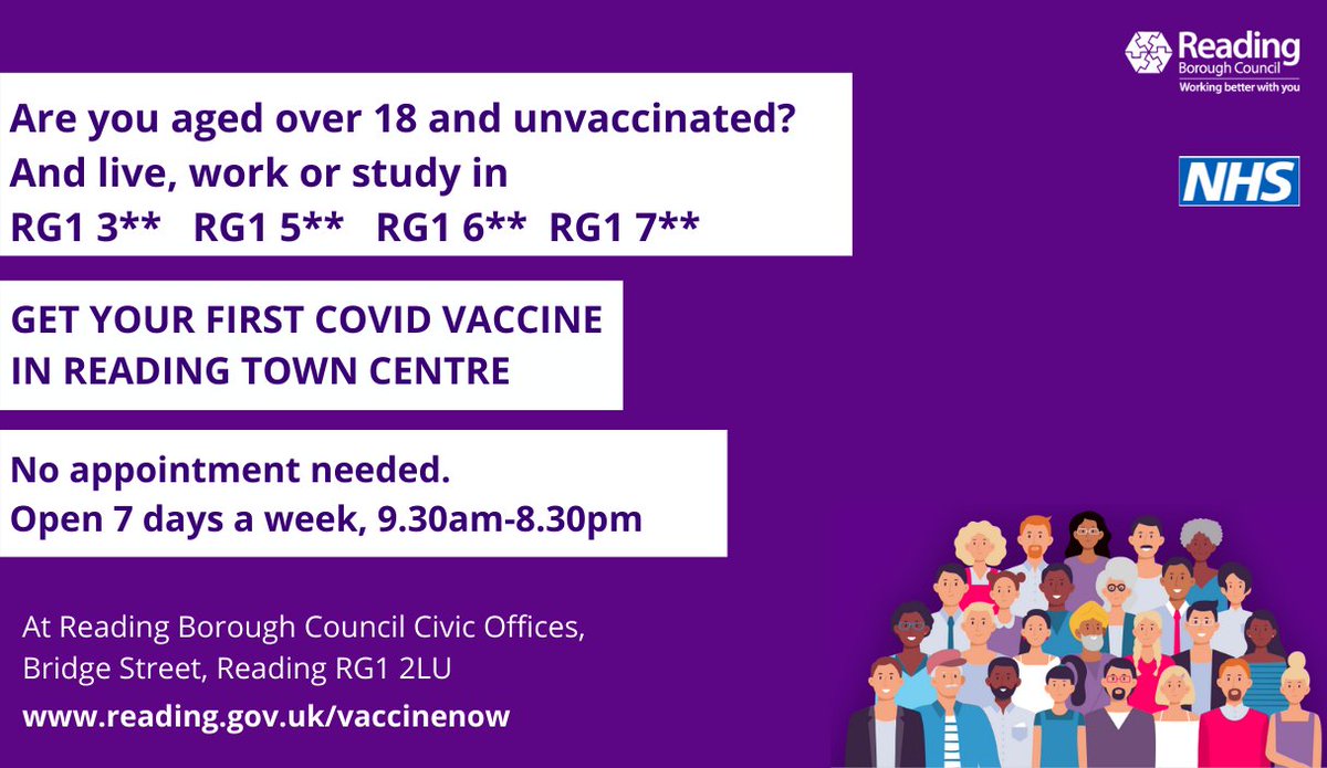 ReadingCouncil's tweet photo. Currently NO queue at walk-in COVID vaccine clinic in town. No apt needed
If you're 18+ unvaccinated &amp; live, work or study in 👇 
RG1 3**
RG1 5**
RG1 6**
RG1 7**
Get your 1st COVID vaccine at Reading Borough Council, Bridge St, Reading RG1 2LU open until 8.30pm
Please share https://t.co/3Ok5GCxWUv
